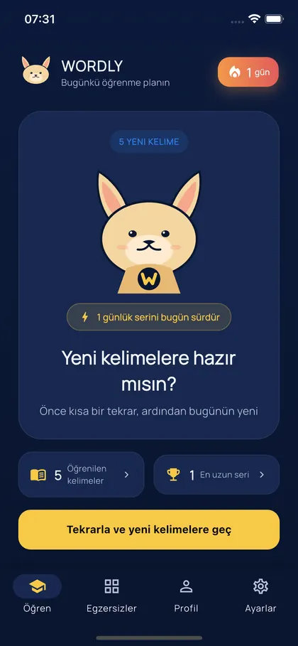 Wordly İngilizce kelime öğrenme uygulamasının günlük plan ekranı